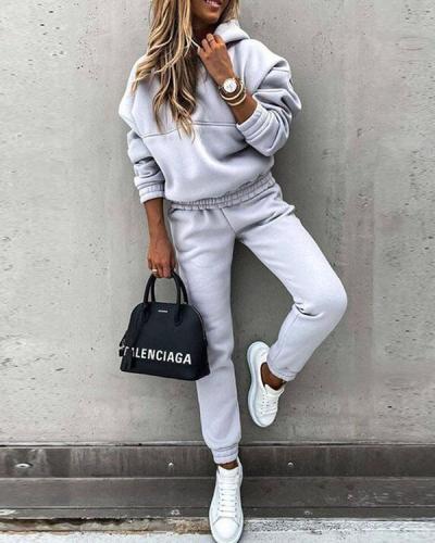 Casual Plain Color Hoodie Top & Pants Set