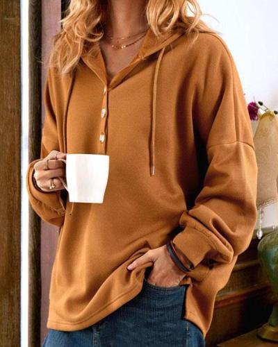 Plain Color Women's Button Hoodie Casual Pullover