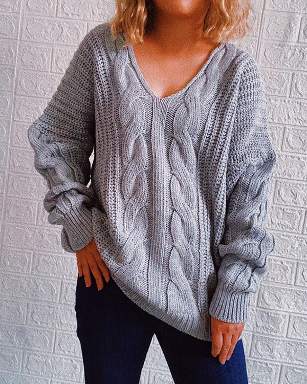 Cable Knit Chunky Casual V Neck Pullover Sweater