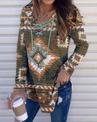 V-neck Tether Print Pullover Long Sleeves Top