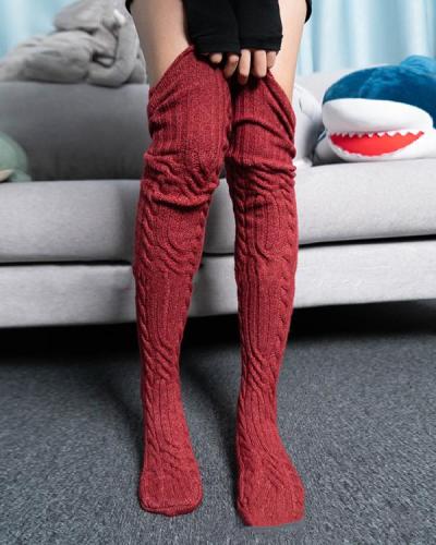 Women Crotchet Pattern Cable Knit Stockings
