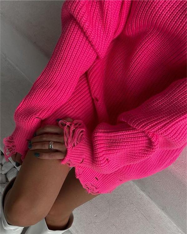Commuter Crew Neck Hollow Knit Solid Color