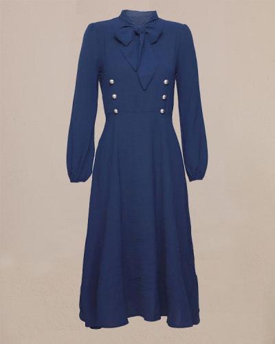 Navy Blue Hepburn Style Bow Tie Medieval Retro Midi Dress