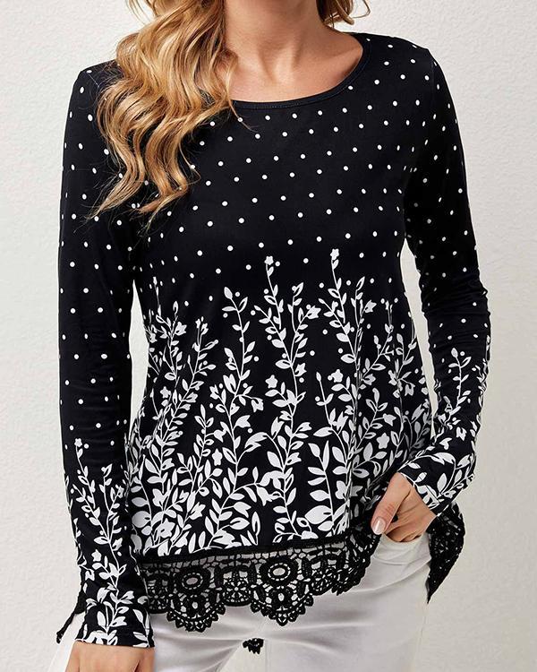 Lace Stitching Print Loose Long Sleeve Top