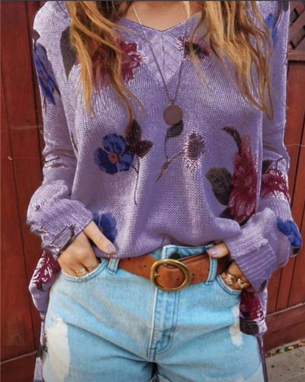 Patterned V-neck Blouse with Long Sleeves
