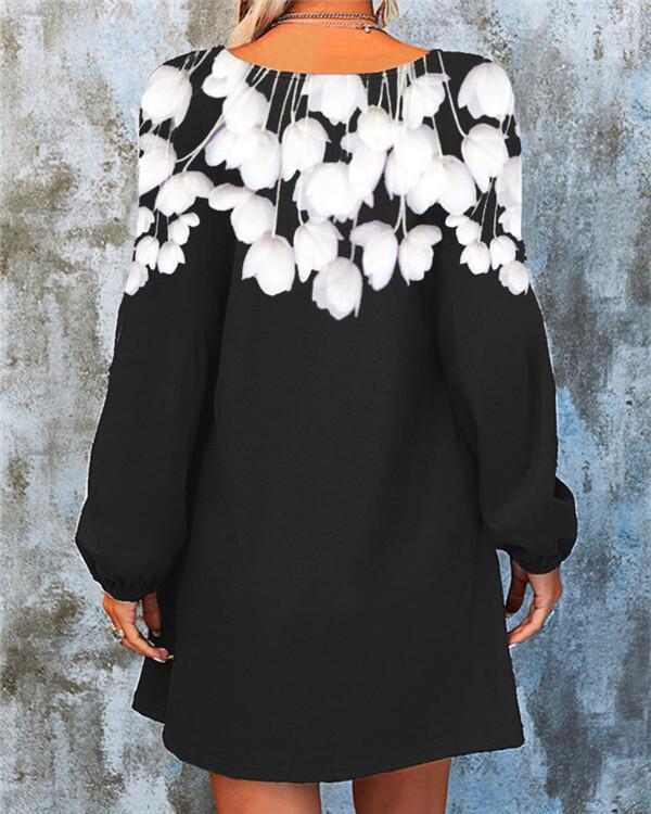 White Printed Solid Color Pullover Dress