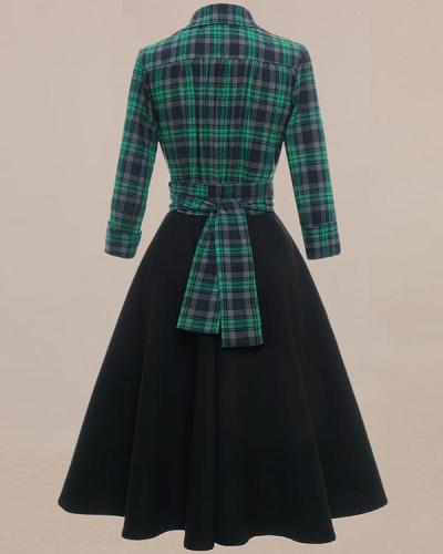 Green Plaid Patchwork Waist Dress