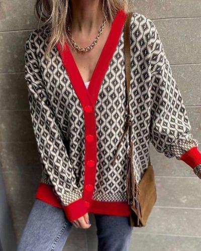 Winter Contrast Checkerboard Loose Knit Sweater Coat