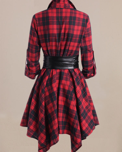 Mid-length Long-sleeved Dress With Plaid Belt