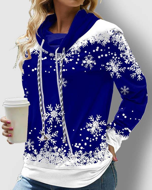 Drawstring Christmas Snowflake Print 4 Colors Sweatshirt