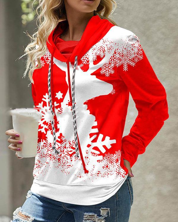 Drawstring Christmas Snowflake Elk Print Red and Black Sweatshirt