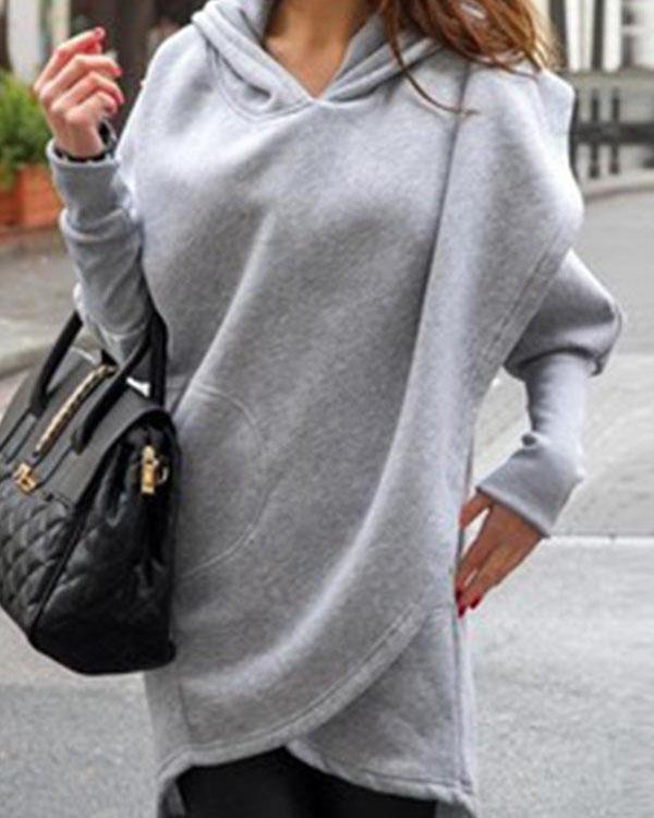 Asymmetric Long Hoodie Plain Color Sweatshirt