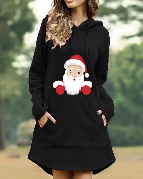 Christmas Print Hooded Long Sleeve Women's Sweatshirt Dress