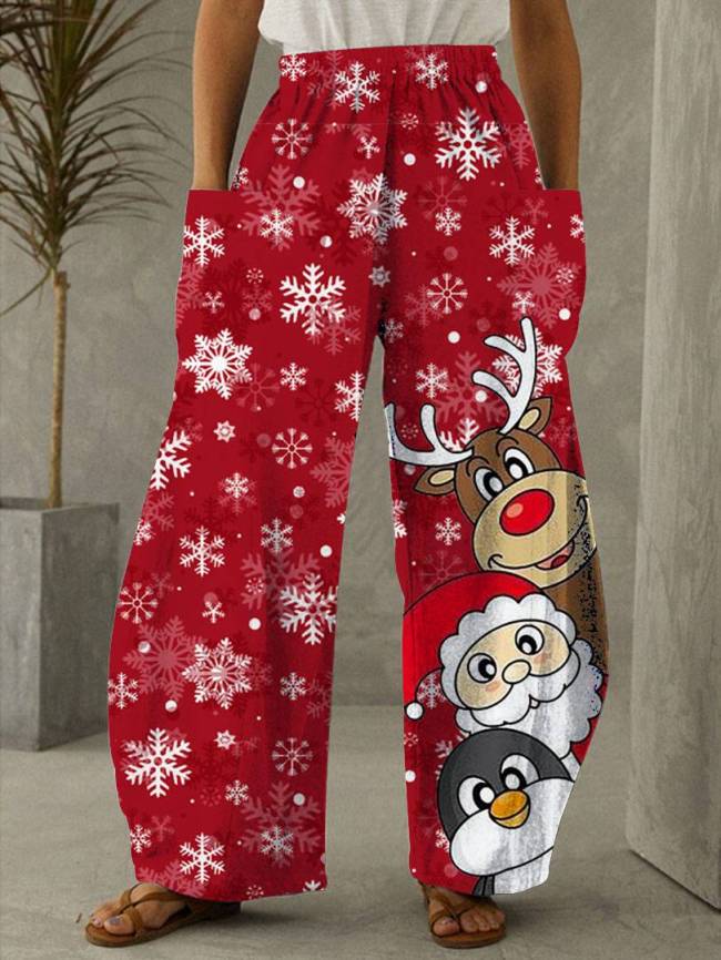 Christmas Santa Claus Reindeer Print Casual Loose Pants