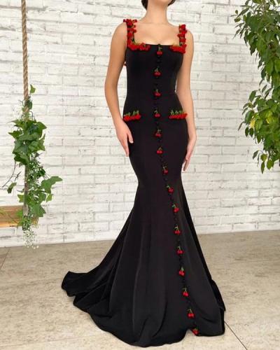 Sexy Slim Mermaid Gown Cherry Print Elegant Dress