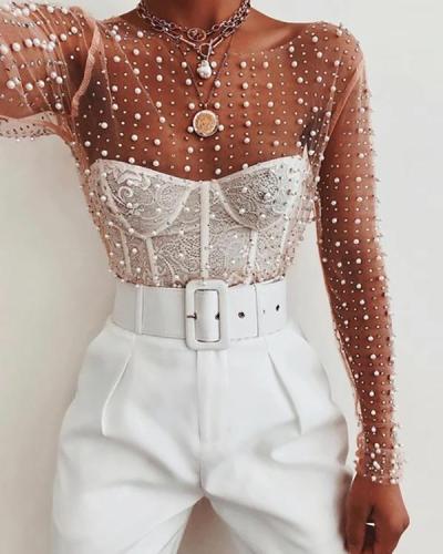 Ladies Sexy Pearl Embellished Lace Top