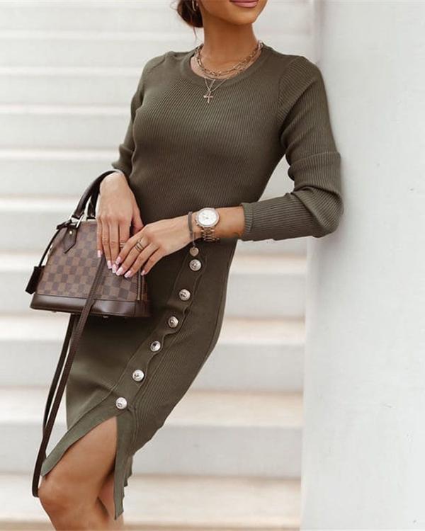 Women Fashion Slit Buttons Knit Dress