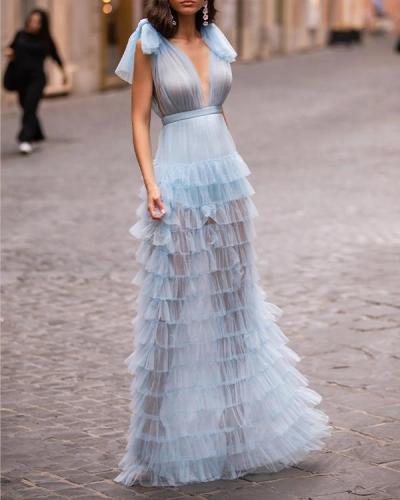 Baby Blue Bow Strap Plunging Neck Open Back Tiered Tulle Dress
