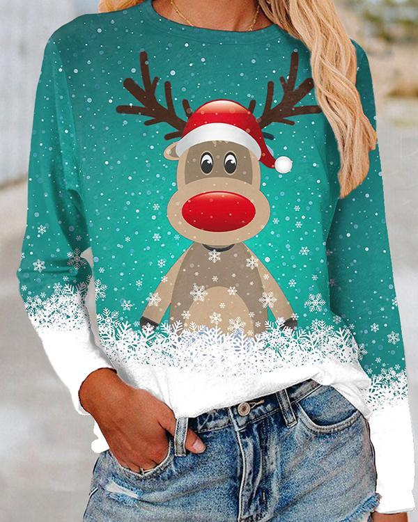Ladies Elk Print Christmas Sweatshirt Casual Pullover Top