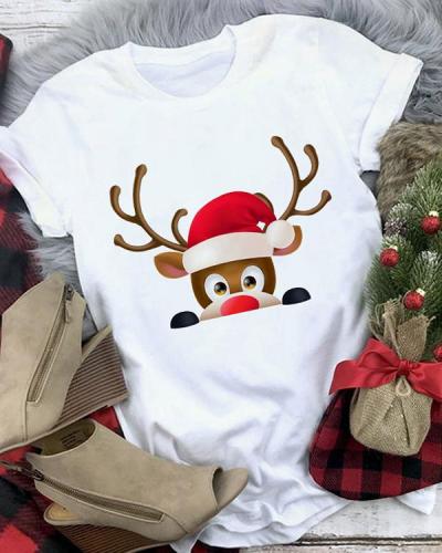 Christmas Cartoon Printed Casual Short Sleeves T-Shirt