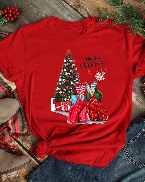 Christmas Tree & Girl Casual Short Sleeves T-Shirt