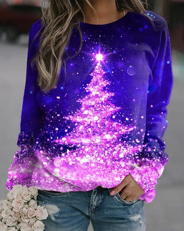 Ladies Christmas Tree Print Christmas Sweatshirt Casual Pullover Top