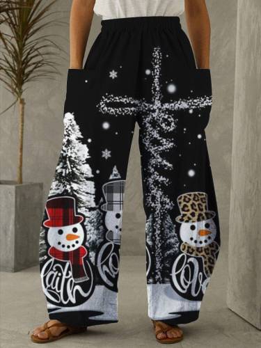 Faith Hope Love Christmas Snowman Print Casual Loose Pants