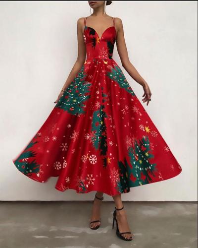Women Elegant Open Back Print Christmas Party Dress Sling Maxi Swing Dress