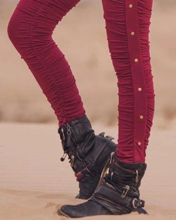 Women Red Pleated Fit Leggings & Pants