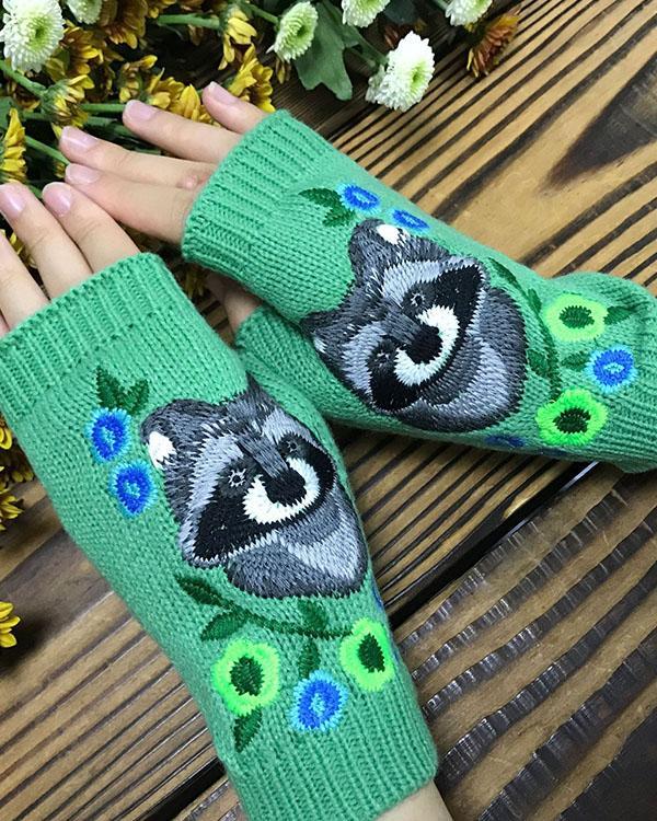 Green Embroidered Animal Knitted Gloves Handwarmers