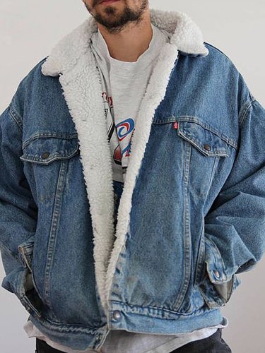 Streetwear Wool Collar Long Sleeve Denim Jacket