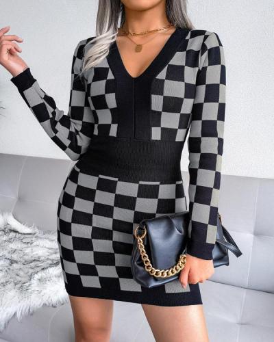 V-neck Checkerboard Bag Hip Skirt Knitted Dress