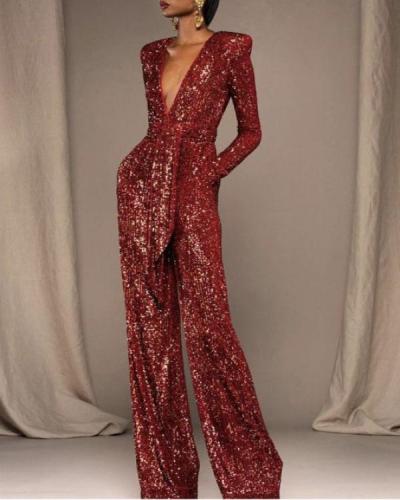 Women's Daily Elegant Sequined Polyester Sequined Flare Pants High Waist Jumpsuit S-5XL