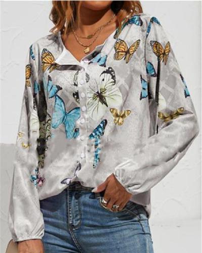 Women's Long Sleeve Butterfly Print Tops S-3XL