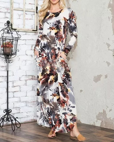 Women's Floral Tie-dye Print Long Long-sleeved Dress
