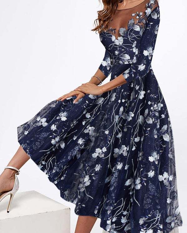 Casual Round Neck Waist Printed Long Dress S-3XL