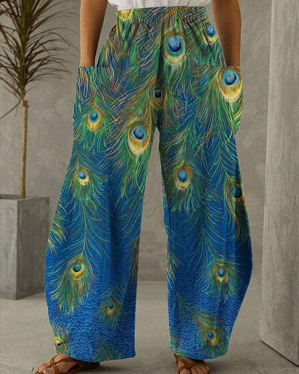 Women's Retro Peacock Print Casual Loose Pants S-5XL