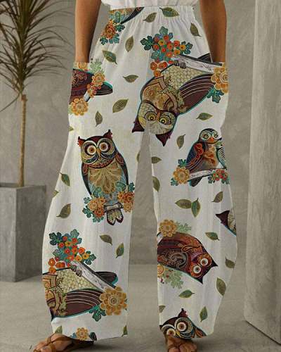 Women's Vintage Owls Print Loose Pants S-5XL