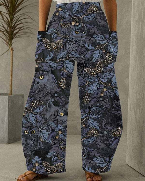 Women's Vintage Owl Butterfly Print Loose Pants S-5XL