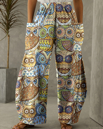 Women's Vintage Owl Print Loose Pants S-5XL