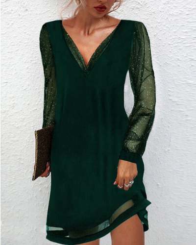Solid Color Lace V-neck Pullover Dress