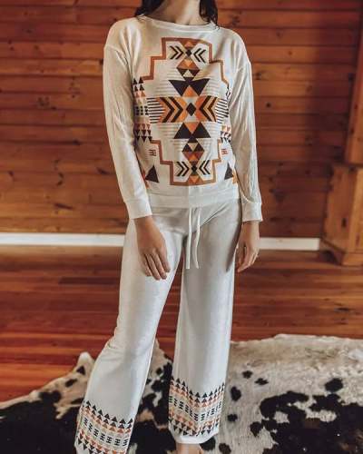 Women's  Aztec Geometric Loose Casual Drawstring Suit S-XL