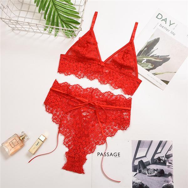 Sexy White Red Lace Detail Bralette & Panties Set