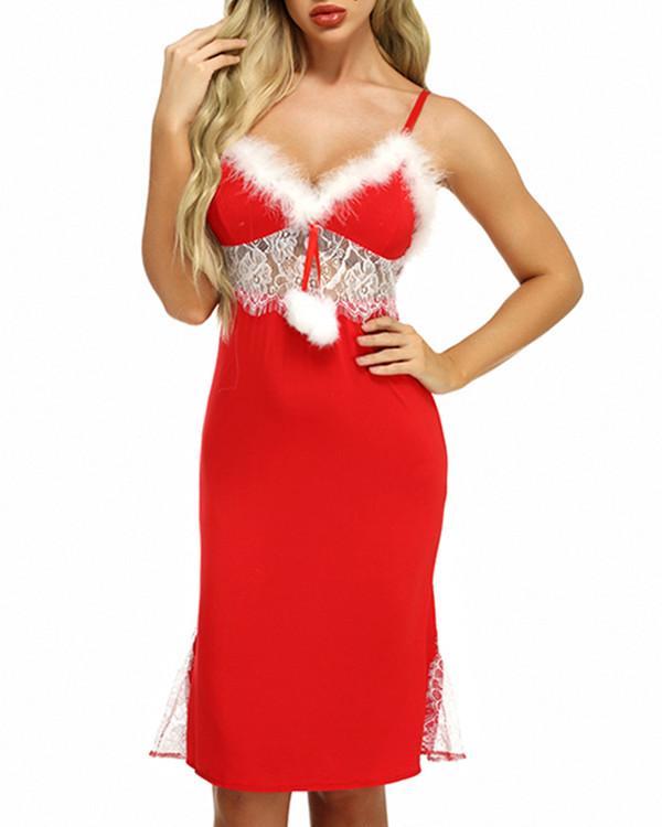 Red Faux Fur Lace Christmas Nightgown Lingerie