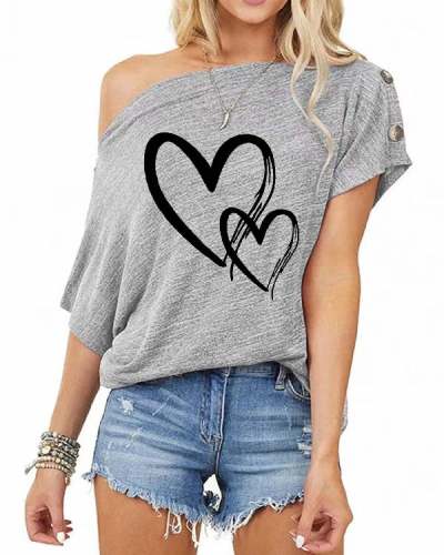 Valentine's Day Print Love Couples Loose Off Shoulder Short Sleeve T-Shirt