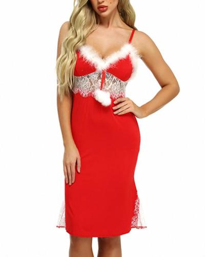 Red Faux Fur Lace Christmas Nightgown Lingerie