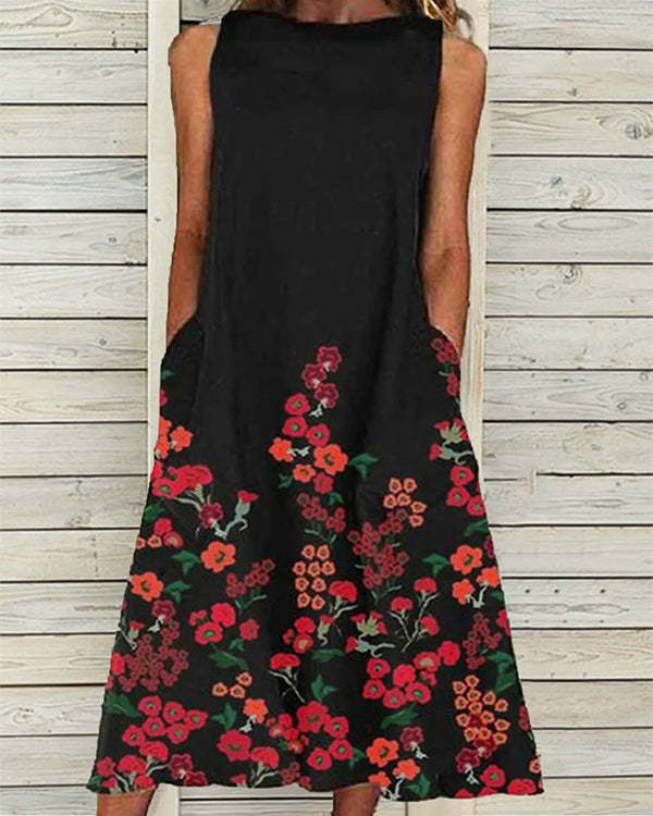 Sleeveless Elegant Crew Neck Floral-Print Dresses