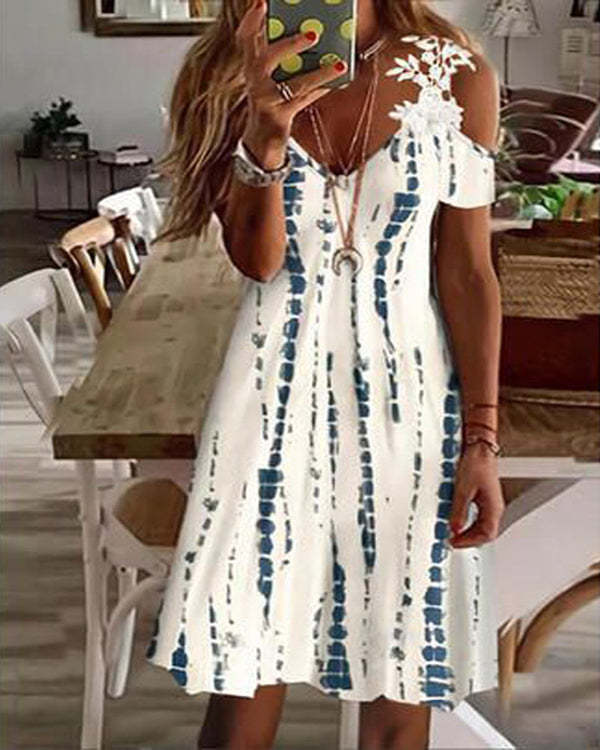 Printed V-Neck Lace Off-the-Shoulder Sexy Dress