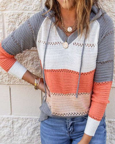 Knit Hooded Long Sleeve Loose Striped Top