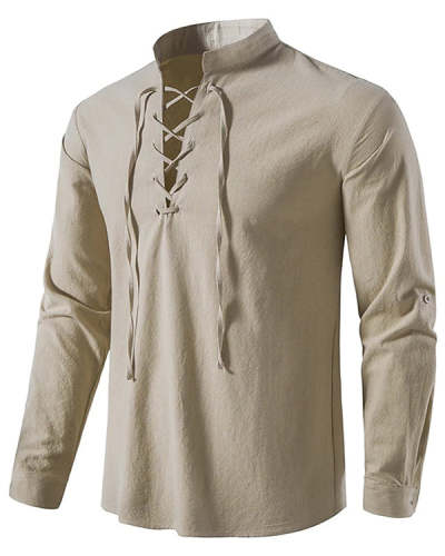 Men's Stand Collar Casual Patchwork Lace-Up Long Sleeve Top